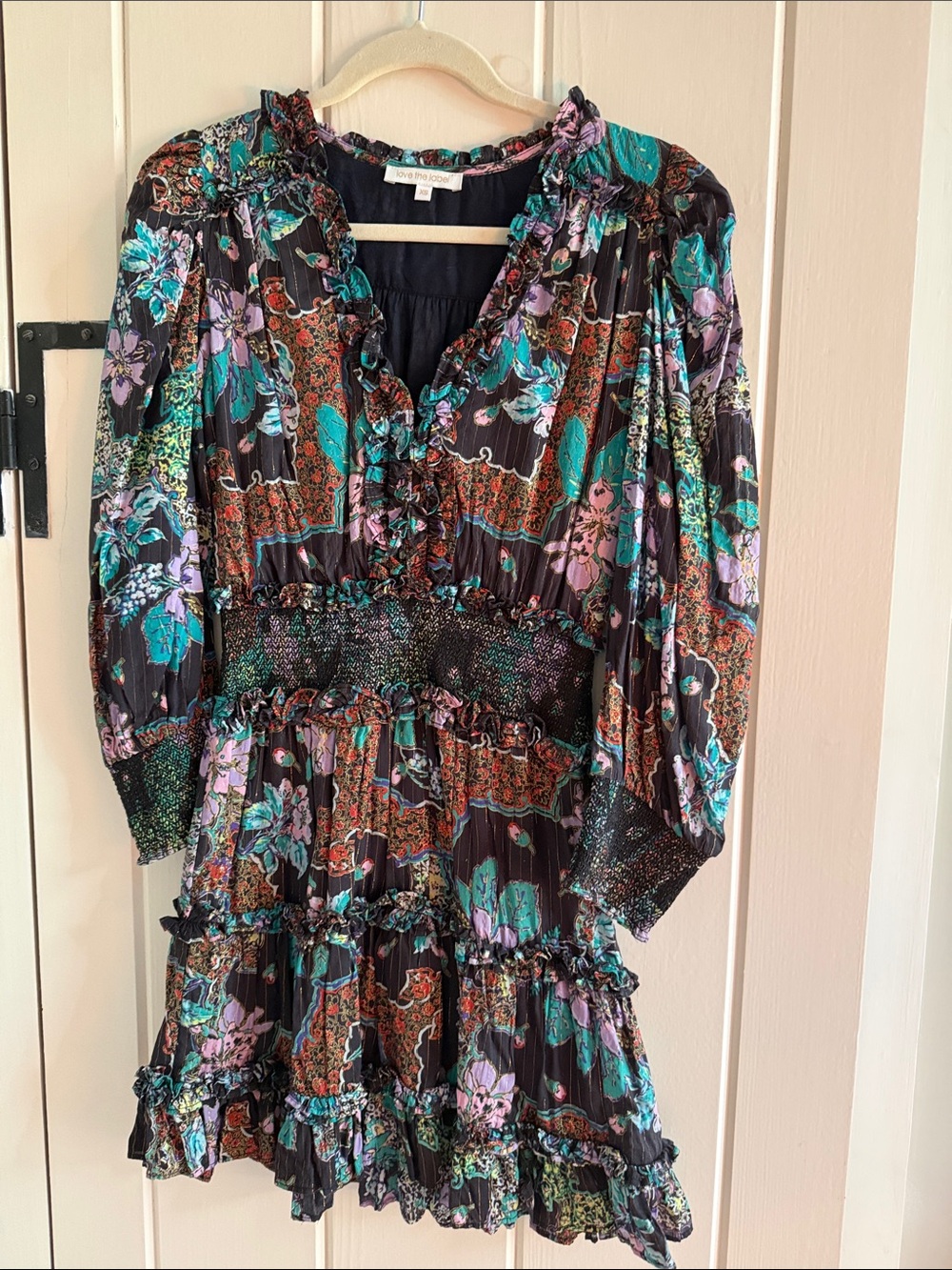 Love the Label Floral Ruffle Tiered Mini Dress in Black and Teal